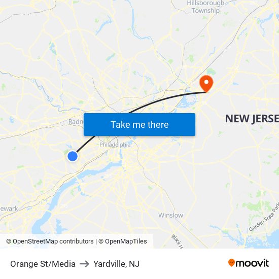 Orange St/Media to Yardville, NJ map