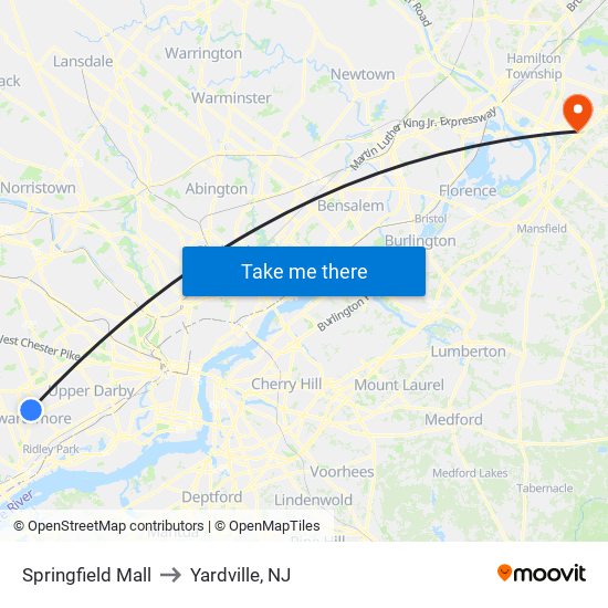 Springfield Mall to Yardville, NJ map