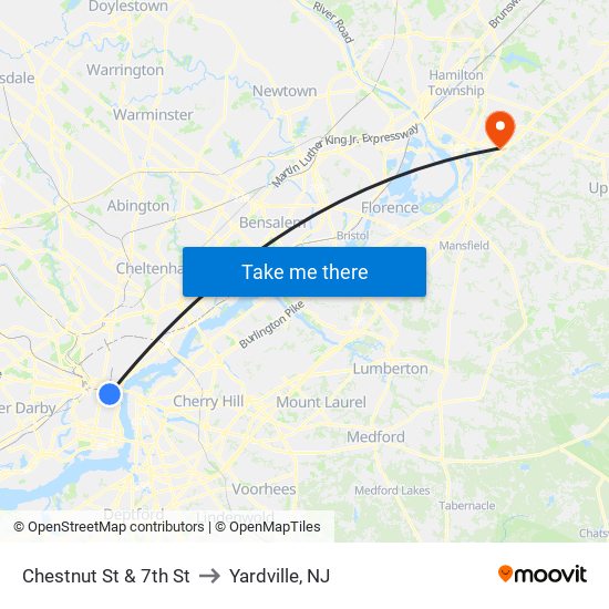 Chestnut St & 7th St to Yardville, NJ map
