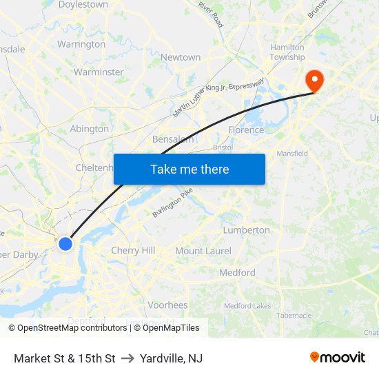 Market St & 15th St to Yardville, NJ map