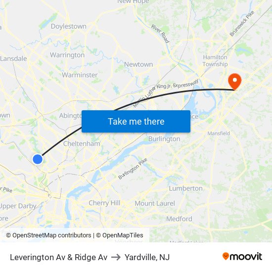 Leverington Av & Ridge Av to Yardville, NJ map