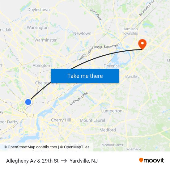 Allegheny Av & 29th St to Yardville, NJ map