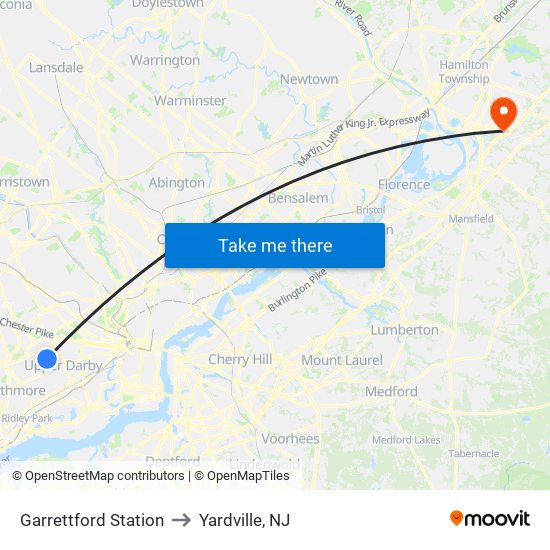 Garrettford Station to Yardville, NJ map