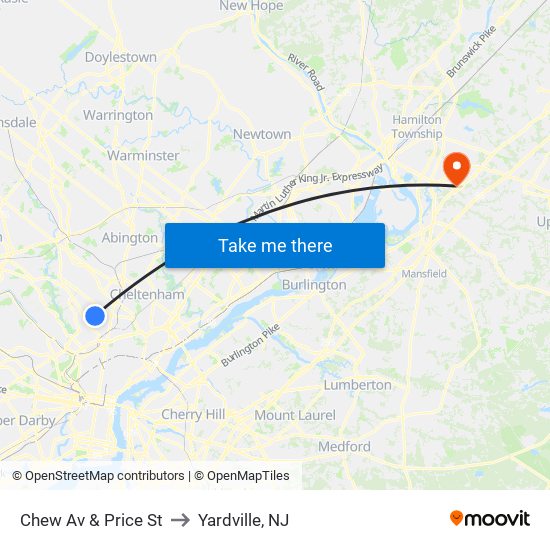 Chew Av & Price St to Yardville, NJ map