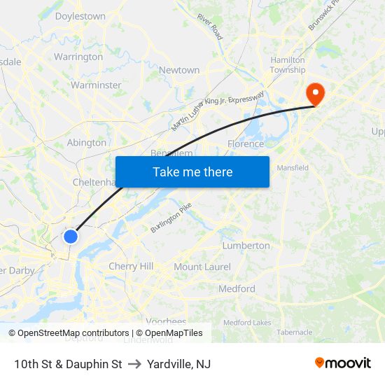 10th St & Dauphin St to Yardville, NJ map