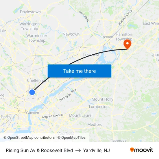 Rising Sun Av & Roosevelt Blvd to Yardville, NJ map