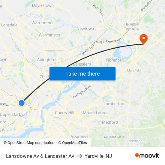 Lansdowne Av & Lancaster Av to Yardville, NJ map