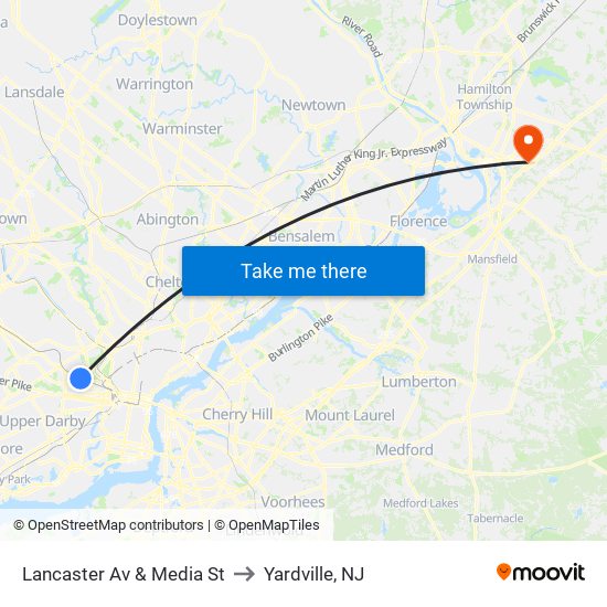 Lancaster Av & Media St to Yardville, NJ map
