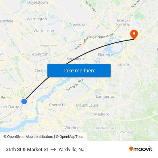 36th St & Market St to Yardville, NJ map