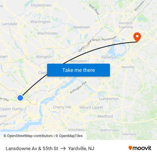 Lansdowne Av & 55th St to Yardville, NJ map