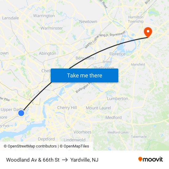 Woodland Av & 66th St to Yardville, NJ map