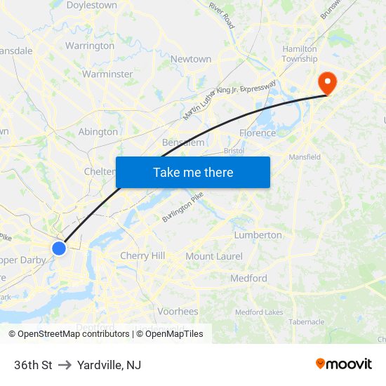36th St to Yardville, NJ map