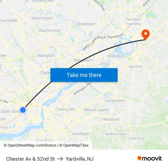 Chester Av & 52nd St to Yardville, NJ map