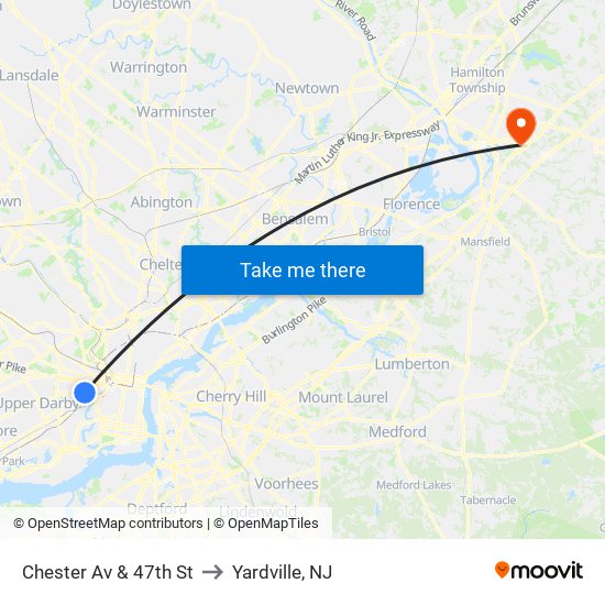 Chester Av & 47th St to Yardville, NJ map