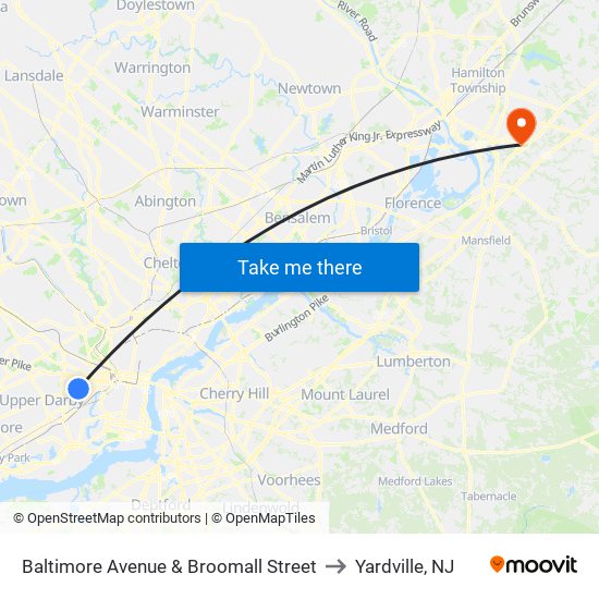 Baltimore Avenue & Broomall Street to Yardville, NJ map