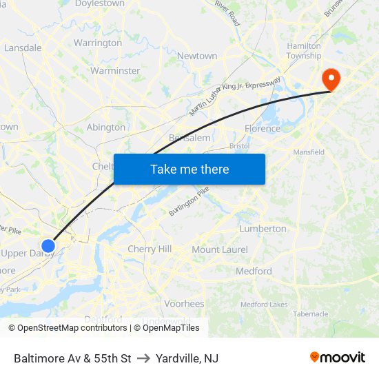 Baltimore Av & 55th St to Yardville, NJ map