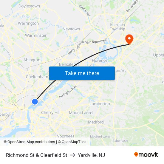 Richmond St & Clearfield St to Yardville, NJ map