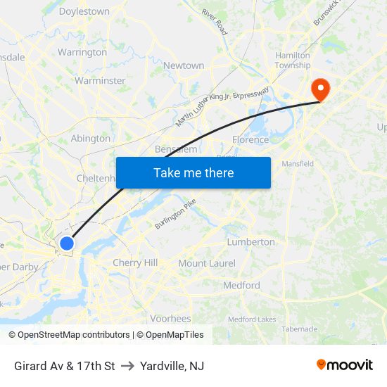 Girard Av & 17th St to Yardville, NJ map