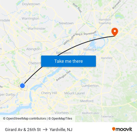 Girard Av & 26th St to Yardville, NJ map