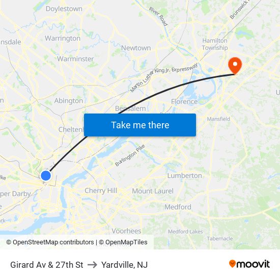 Girard Av & 27th St to Yardville, NJ map