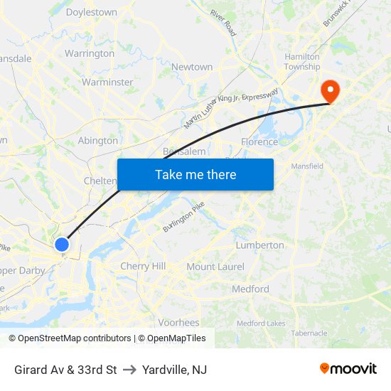 Girard Av & 33rd St to Yardville, NJ map