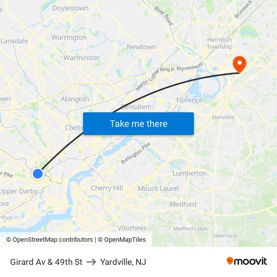 Girard Av & 49th St to Yardville, NJ map