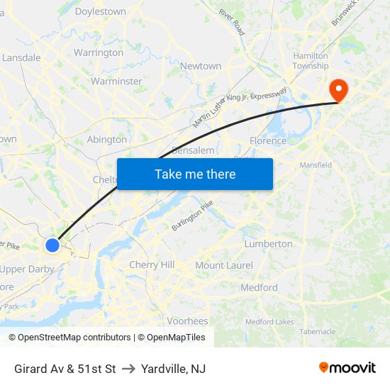 Girard Av & 51st St to Yardville, NJ map