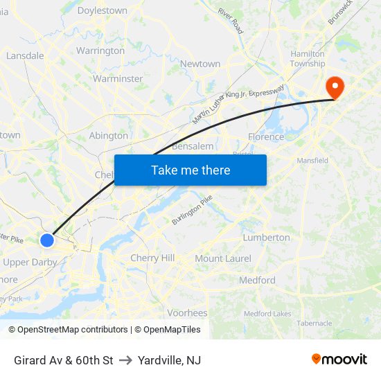 Girard Av & 60th St to Yardville, NJ map