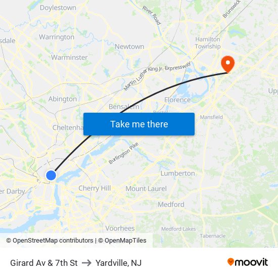 Girard Av & 7th St to Yardville, NJ map