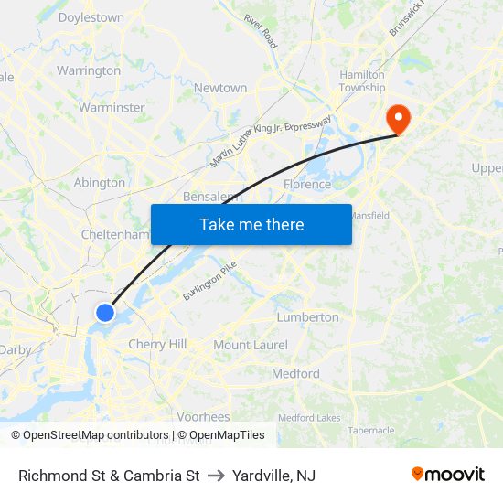 Richmond St & Cambria St to Yardville, NJ map