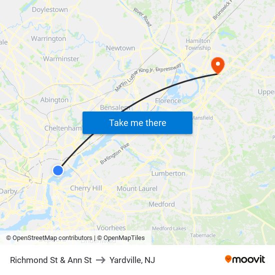 Richmond St & Ann St to Yardville, NJ map