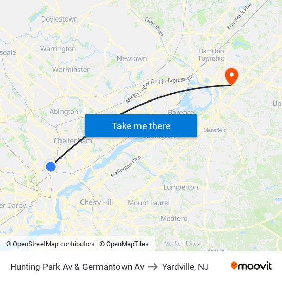 Hunting Park Av & Germantown Av to Yardville, NJ map