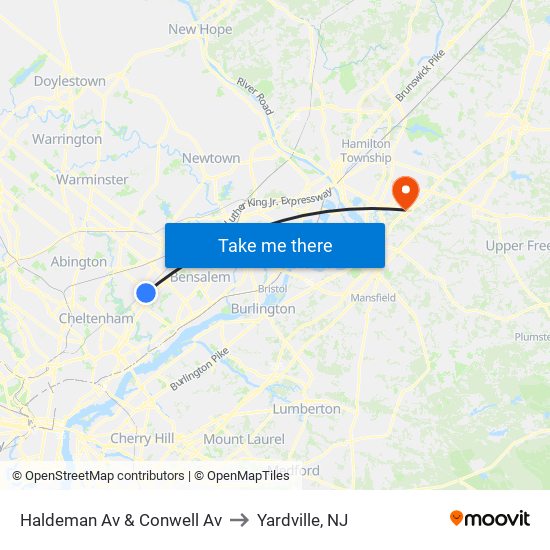 Haldeman Av & Conwell Av to Yardville, NJ map