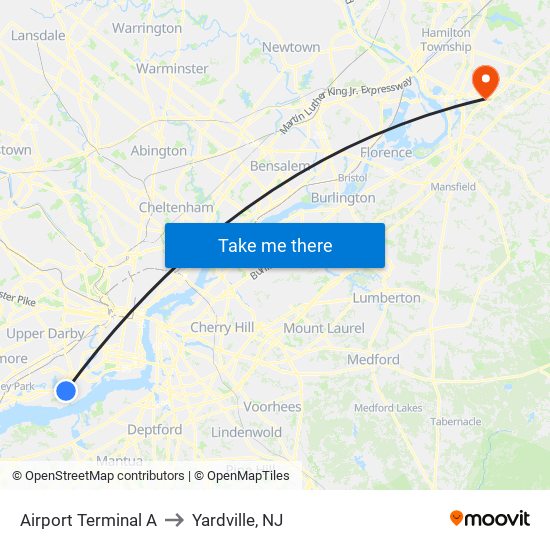 Airport Terminal A to Yardville, NJ map
