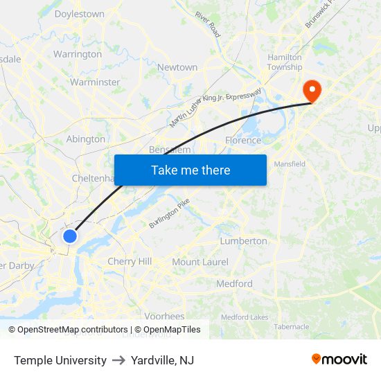 Temple University to Yardville, NJ map