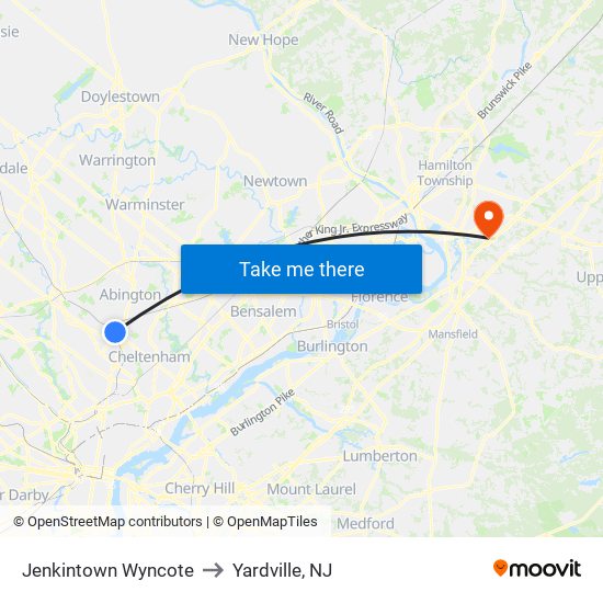 Jenkintown Wyncote to Yardville, NJ map