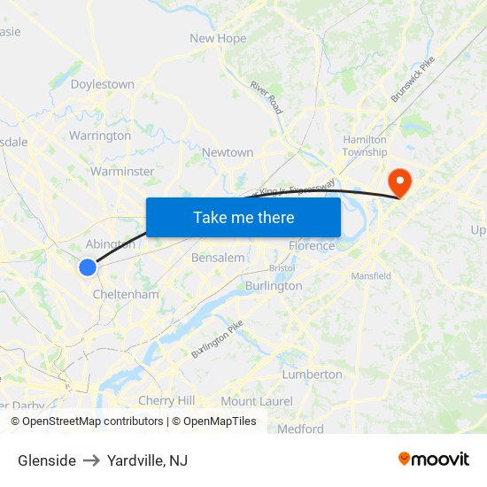 Glenside to Yardville, NJ map