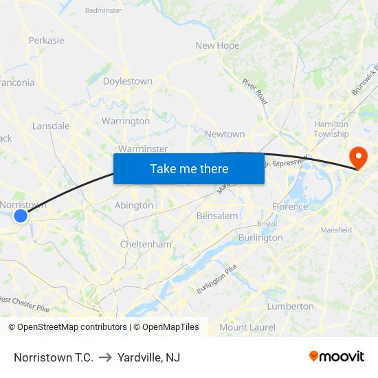 Norristown T.C. to Yardville, NJ map