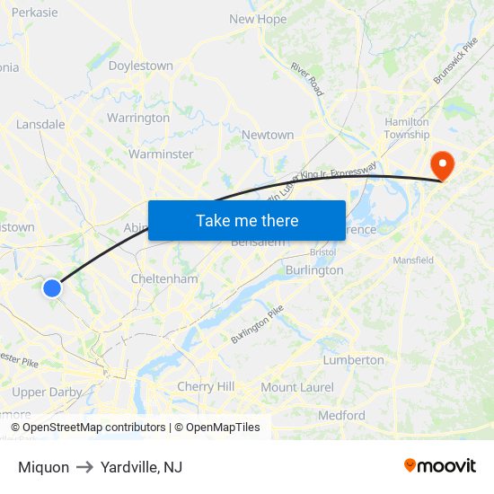Miquon to Yardville, NJ map
