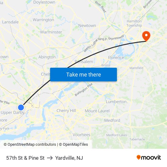 57th St & Pine St to Yardville, NJ map