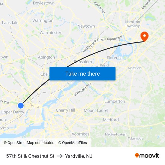 57th St & Chestnut St to Yardville, NJ map