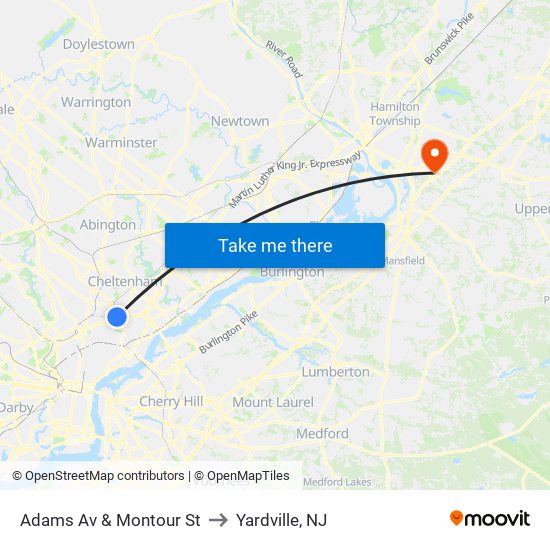 Adams Av & Montour St to Yardville, NJ map