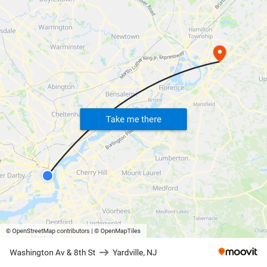 Washington Av & 8th St to Yardville, NJ map