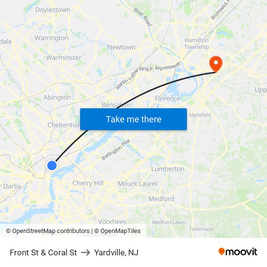 Front St & Coral St to Yardville, NJ map