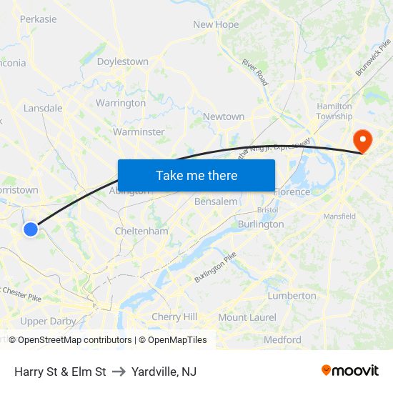 Harry St & Elm St to Yardville, NJ map