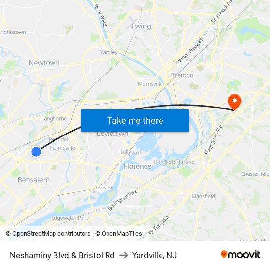 Neshaminy Blvd & Bristol Rd to Yardville, NJ map