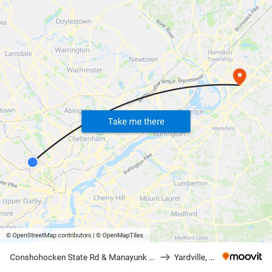 Conshohocken State Rd & Manayunk Rd to Yardville, NJ map