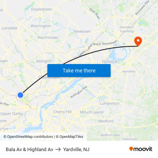 Bala Av & Highland Av to Yardville, NJ map