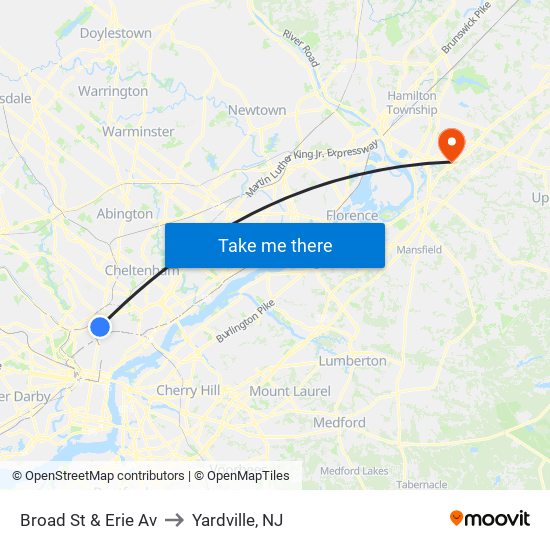 Broad St & Erie Av to Yardville, NJ map