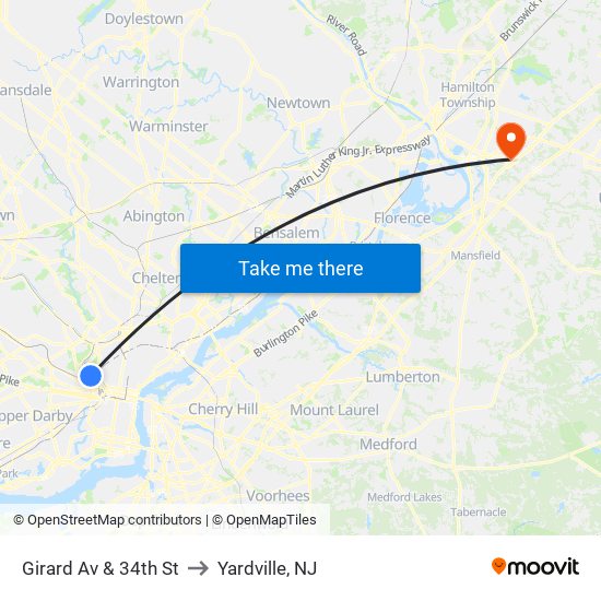 Girard Av & 34th St to Yardville, NJ map